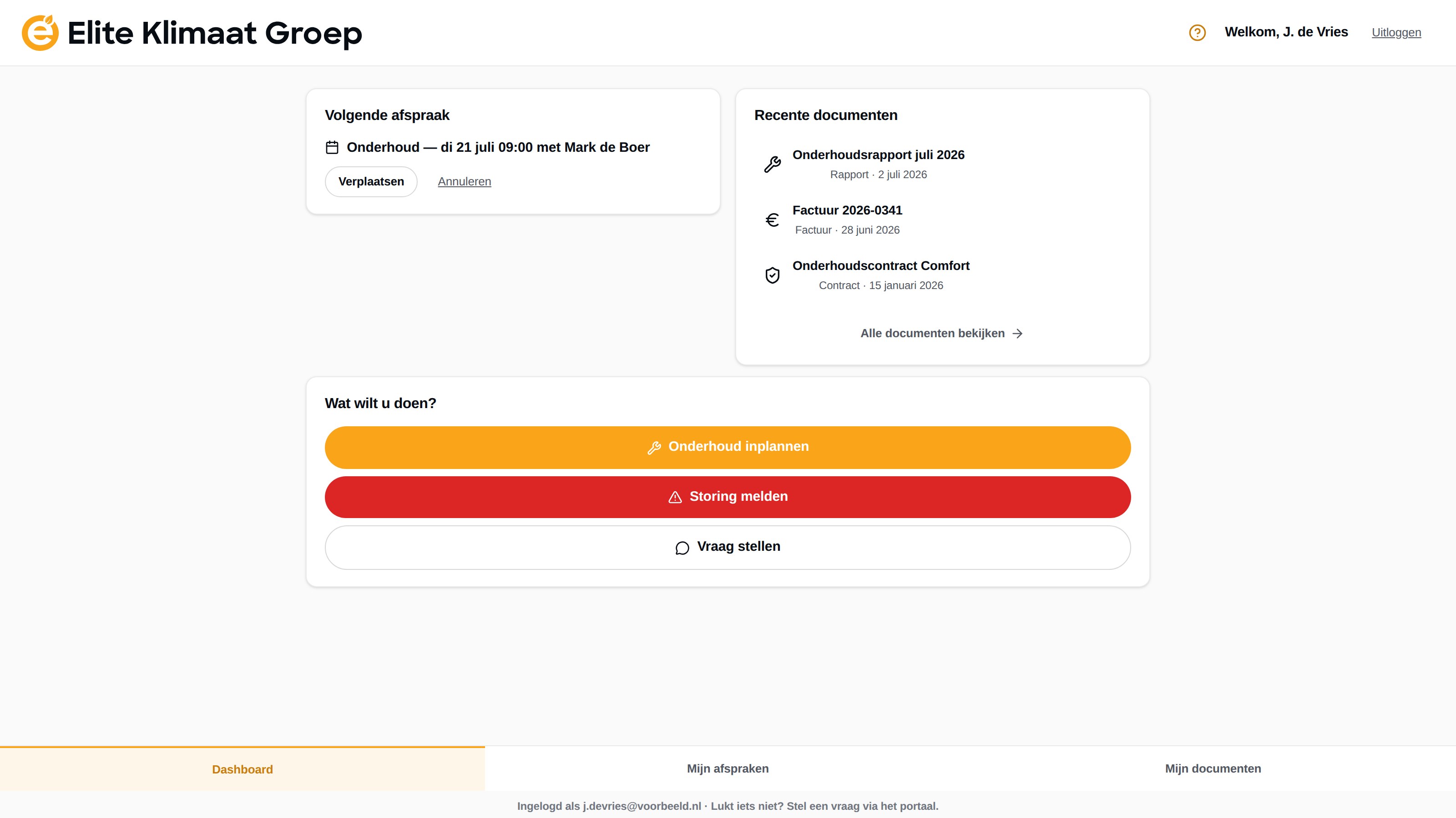 Het dashboard van het klantportaal: eerstvolgende afspraak met verplaatsknop, recente documenten en drie actieknoppen.