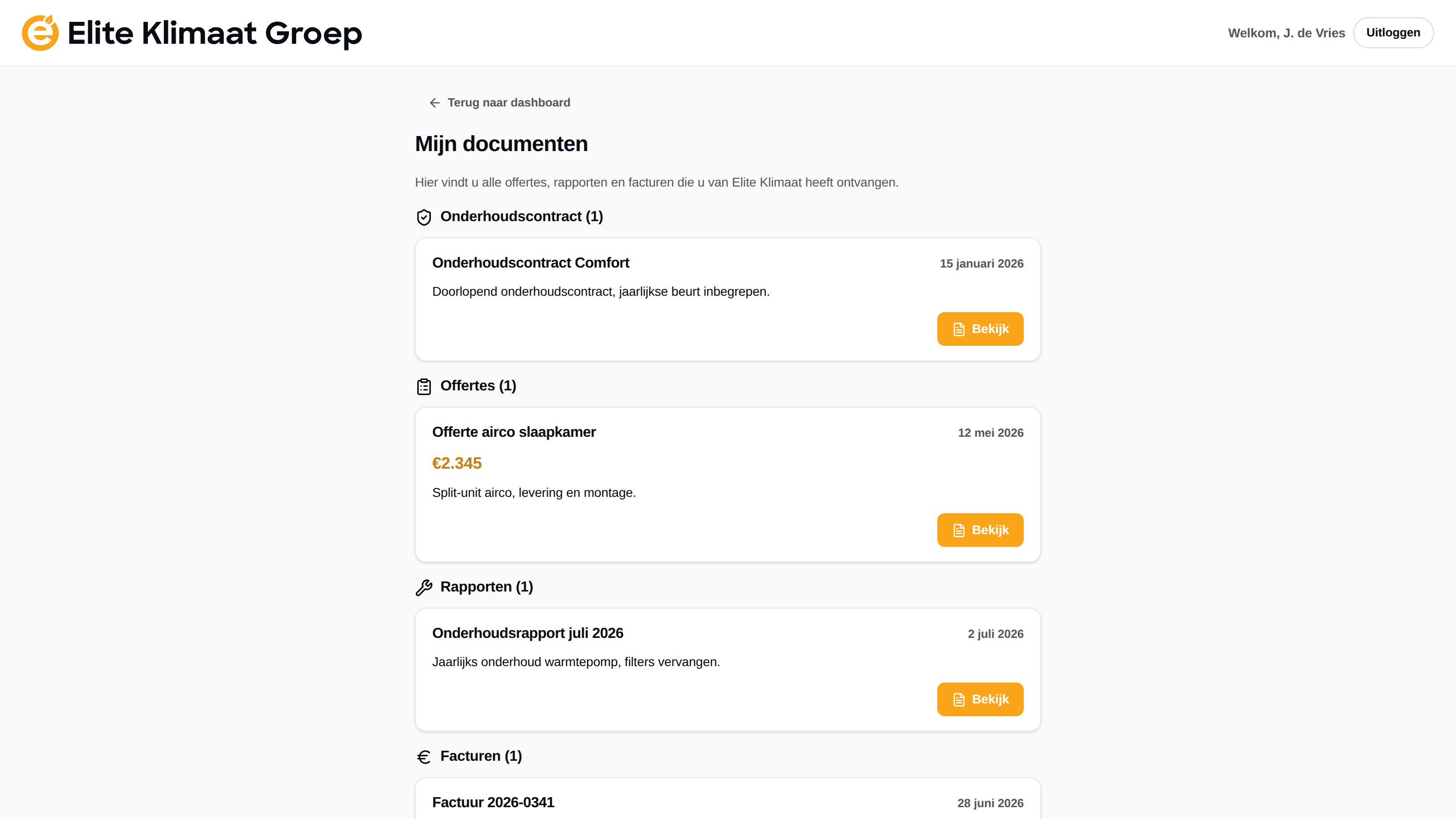 De documentenpagina van het klantportaal: onderhoudsrapporten, facturen en contracten in één lijst.